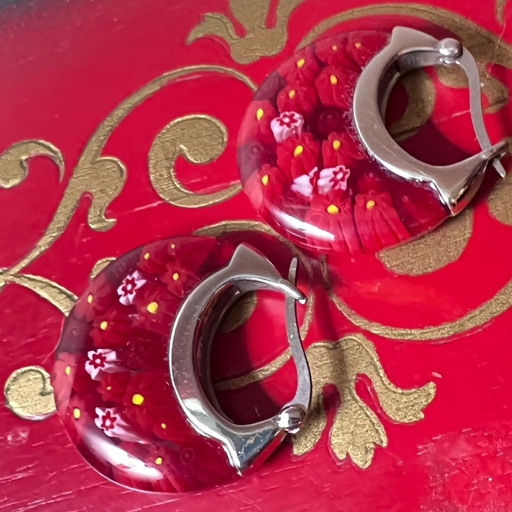 Murano millefiori designed glass FLOWER EARRINGS (large but not heavy!) - Picture 6 of 12